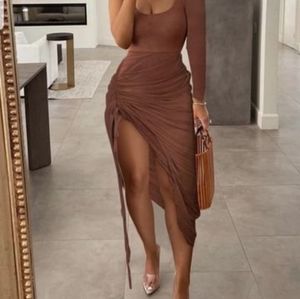 New Drawstring Ruched High Slit Bodycon Dress